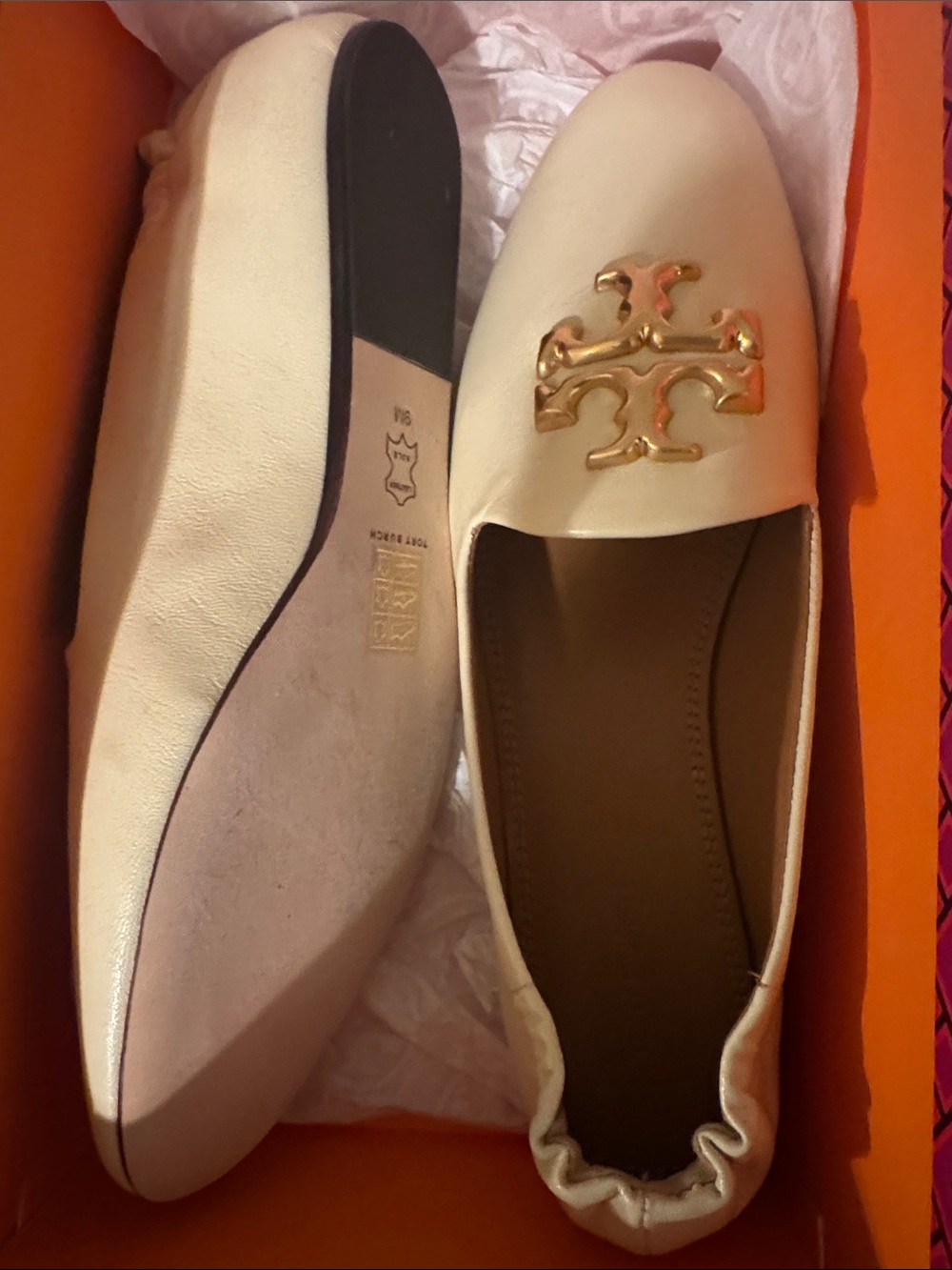 Tory Burch Cream Leather Logo Loafer Flats with Gold Emblem